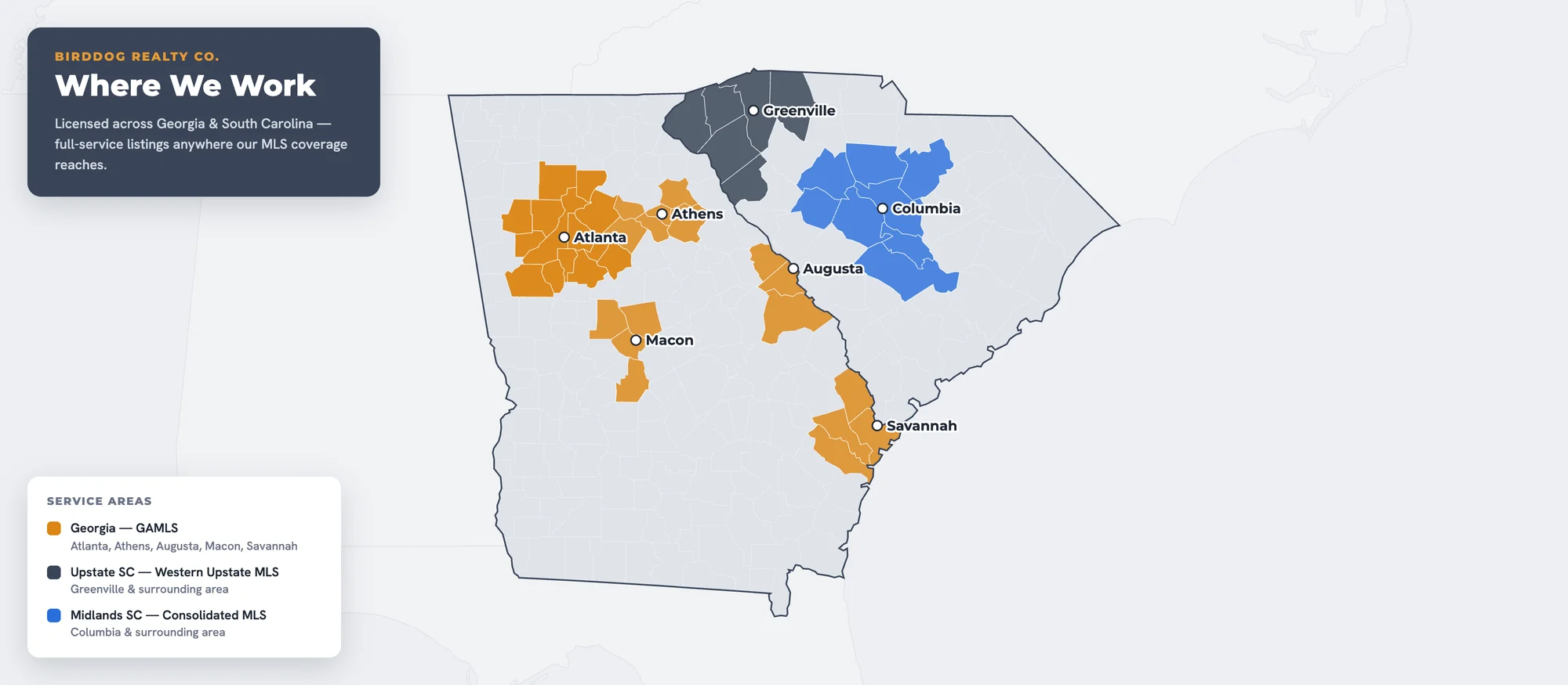 Birddog Realty Co. service area map — Georgia (GAMLS), Upstate SC (Western Upstate MLS) and Midlands SC (Consolidated MLS)